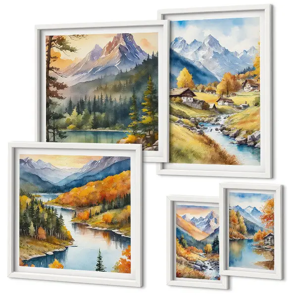 Set de 5 cuadros de paisajes montañosos del valle del río para salón