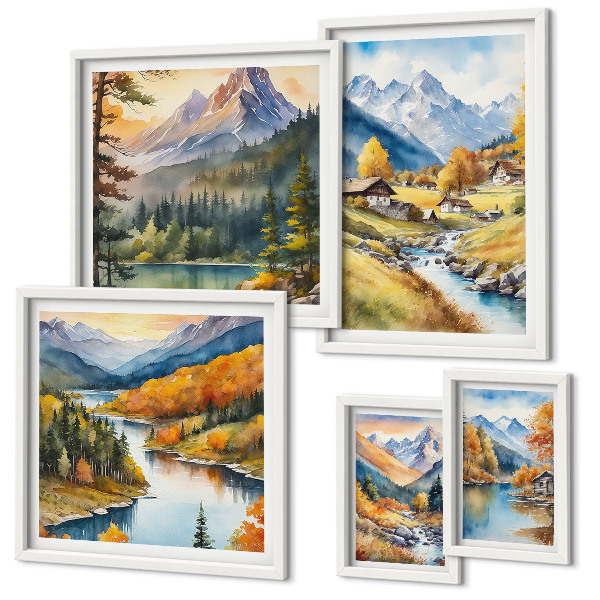 Set de 5 cuadros para salón Paisajes montañosos del valle del río