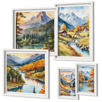 Set de 5 cuadros de paisajes montañosos del valle del río para salón