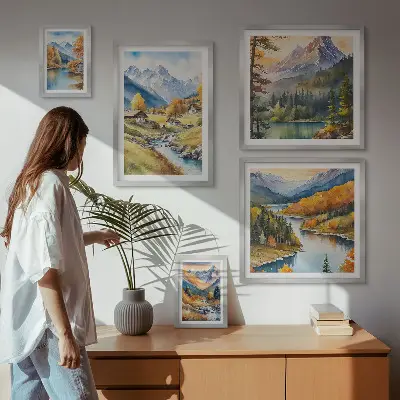 Set de 5 cuadros de paisajes montañosos del valle del río para salón