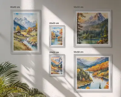 Set de 5 cuadros de paisajes montañosos del valle del río para salón