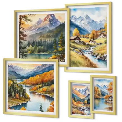 Set de 5 cuadros de paisajes montañosos del valle del río para salón