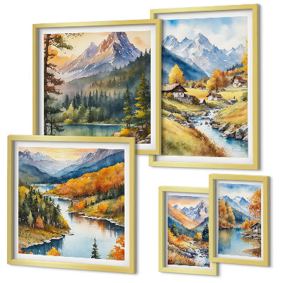 Set de 5 cuadros para salón Paisajes montañosos del valle del río