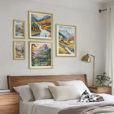 Set de 5 cuadros de paisajes montañosos del valle del río para salón