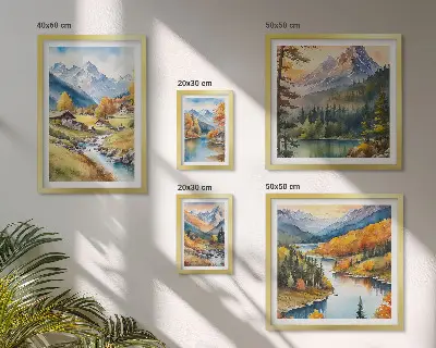 Set de 5 cuadros de paisajes montañosos del valle del río para salón