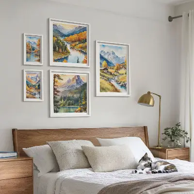 Set de 5 cuadros de paisajes montañosos del valle del río para salón