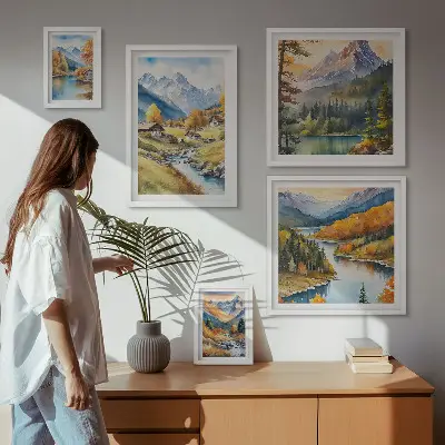 Set de 5 cuadros de paisajes montañosos del valle del río para salón