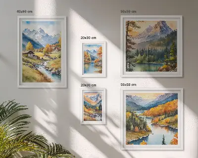 Set de 5 cuadros de paisajes montañosos del valle del río para salón