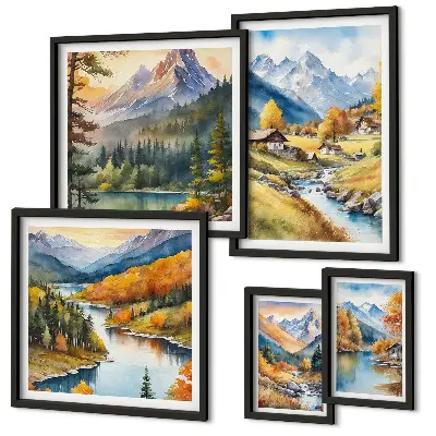 Set de 5 cuadros de paisajes montañosos del valle del río para salón