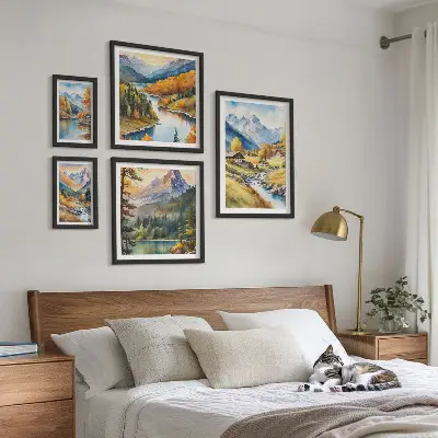 Set de 5 cuadros de paisajes montañosos del valle del río para salón