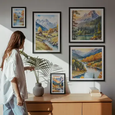 Set de 5 cuadros de paisajes montañosos del valle del río para salón