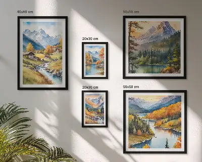 Set de 5 cuadros de paisajes montañosos del valle del río para salón