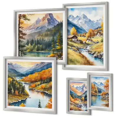 Set de 5 cuadros de paisajes montañosos del valle del río para salón
