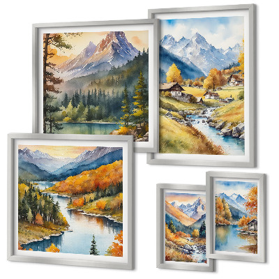 Set de 5 cuadros para salón Paisajes montañosos del valle del río