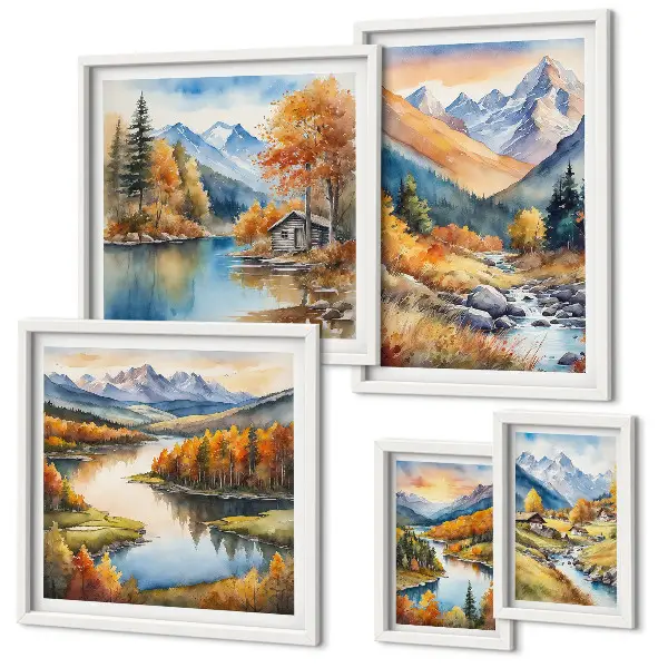 Pared galería de arte con diseño de montañas ríos y casas de otoño