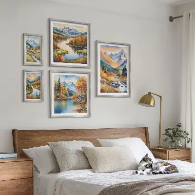 Pared galería de arte con diseño de montañas ríos y casas de otoño