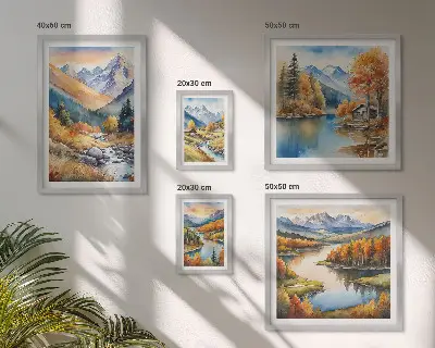 Pared galería de arte con diseño de montañas ríos y casas de otoño