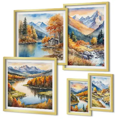 Pared galería de arte con diseño de montañas ríos y casas de otoño