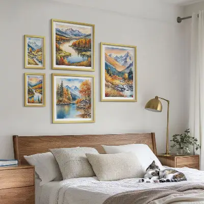 Pared galería de arte con diseño de montañas ríos y casas de otoño