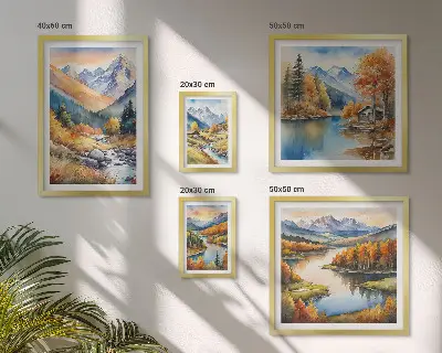 Pared galería de arte con diseño de montañas ríos y casas de otoño