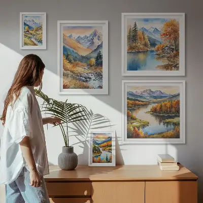 Pared galería de arte con diseño de montañas ríos y casas de otoño