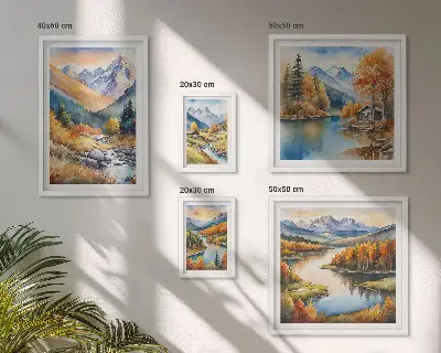 Pared galería de arte con diseño de montañas ríos y casas de otoño