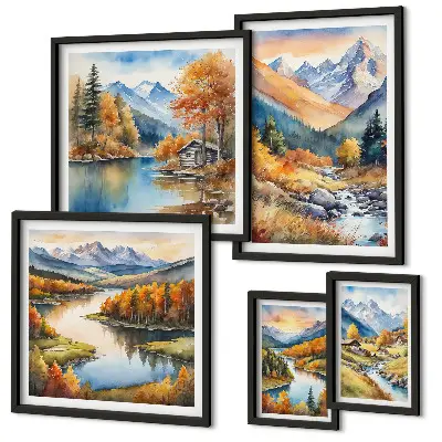 Pared galería de arte con diseño de montañas ríos y casas de otoño