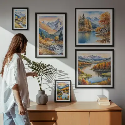 Pared galería de arte con diseño de montañas ríos y casas de otoño