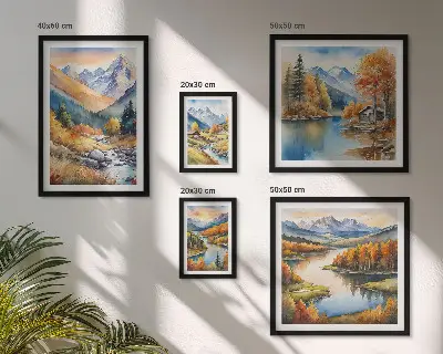 Pared galería de arte con diseño de montañas ríos y casas de otoño