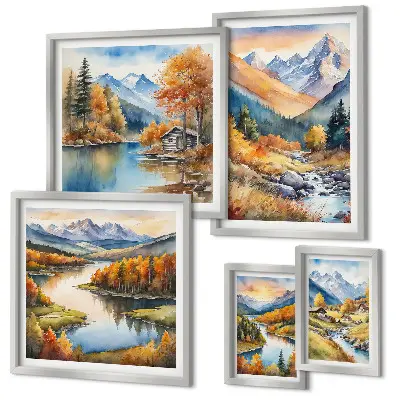 Pared galería de arte con diseño de montañas ríos y casas de otoño