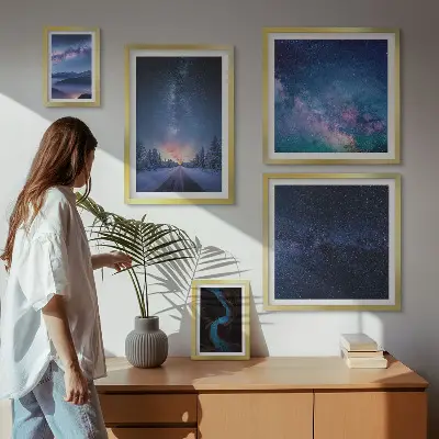 Conjunto de cuadros decorativos con diseño de paisajes nocturnos cósmicos