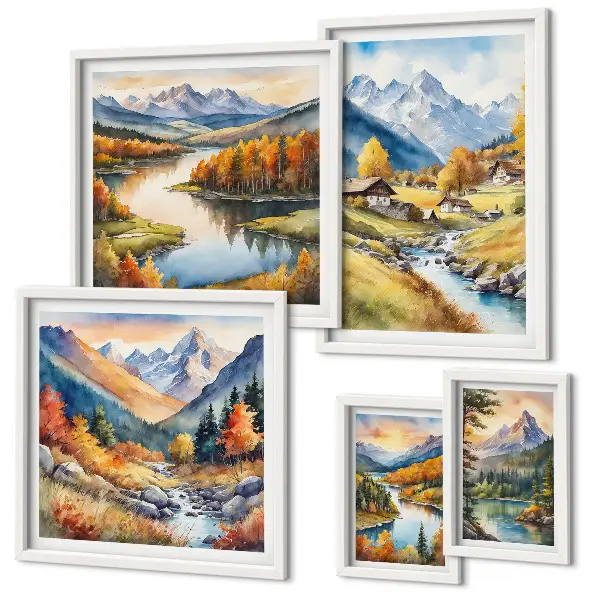 Set de 5 cuadros para salón con paisajes de montañas, ríos y bosques
