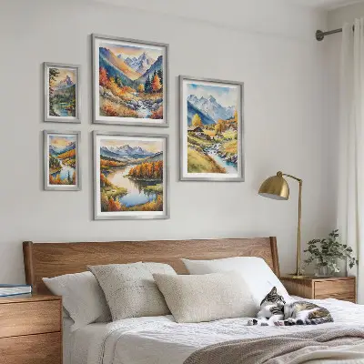 Set de 5 cuadros para salón con paisajes de montañas, ríos y bosques