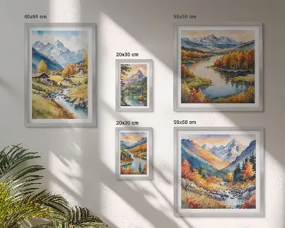 Set de 5 cuadros para salón con paisajes de montañas, ríos y bosques