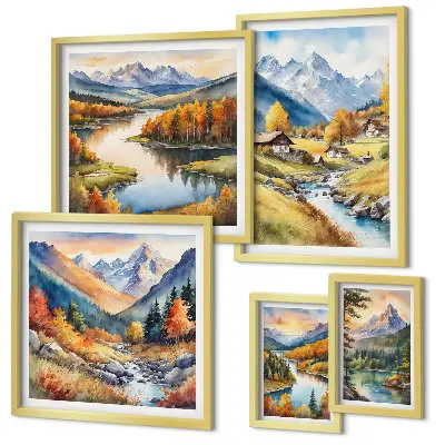 Set de 5 cuadros para salón con paisajes de montañas, ríos y bosques
