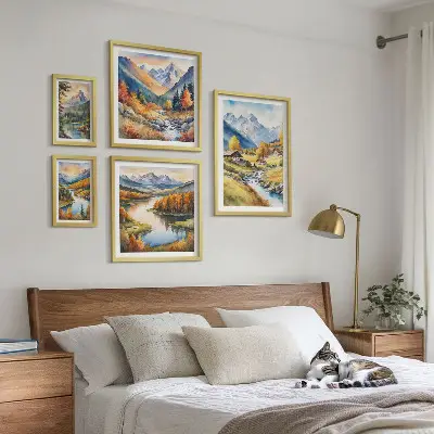 Set de 5 cuadros para salón con paisajes de montañas, ríos y bosques