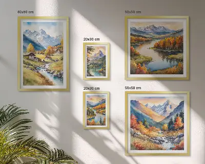 Set de 5 cuadros para salón con paisajes de montañas, ríos y bosques