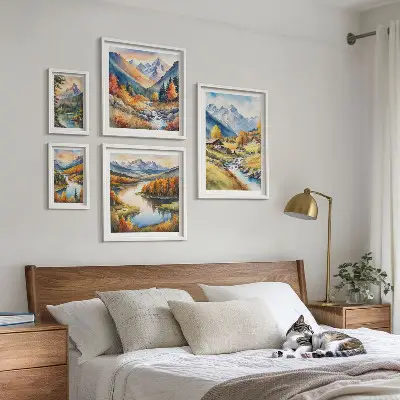 Set de 5 cuadros para salón con paisajes de montañas, ríos y bosques