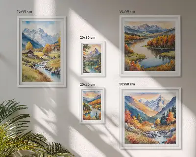 Set de 5 cuadros para salón con paisajes de montañas, ríos y bosques