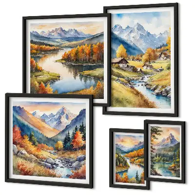Set de 5 cuadros para salón con paisajes de montañas, ríos y bosques