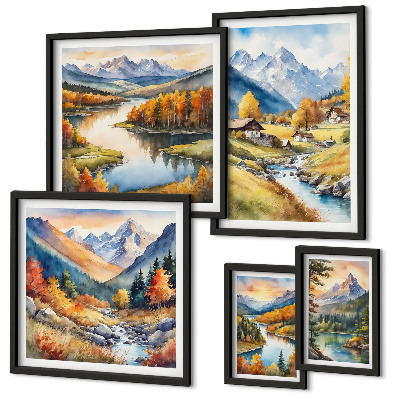 Set de 5 cuadros para salón Paisajes de montañas, ríos y bosques