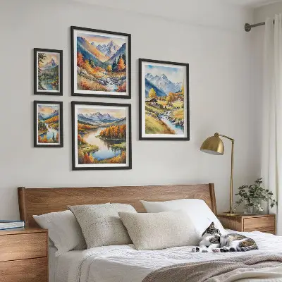 Set de 5 cuadros para salón con paisajes de montañas, ríos y bosques