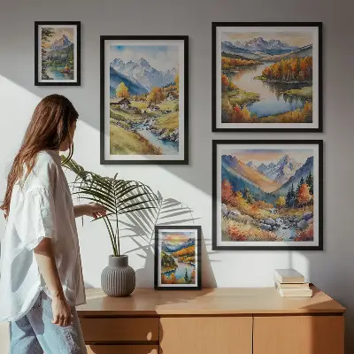 Set de 5 cuadros para salón con paisajes de montañas, ríos y bosques
