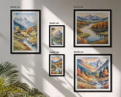 Set de 5 cuadros para salón con paisajes de montañas, ríos y bosques