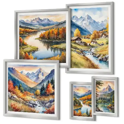 Set de 5 cuadros para salón con paisajes de montañas, ríos y bosques