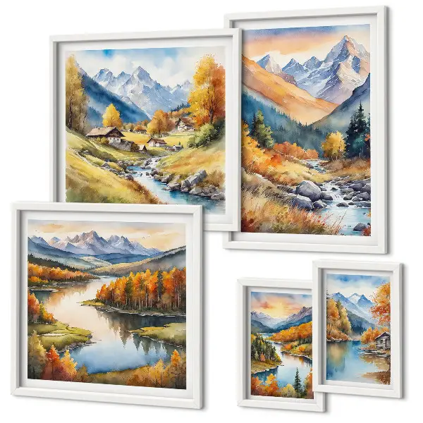 Set de 5 cuadros de paisajes de montaña otoñales para salón
