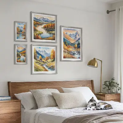 Set de 5 cuadros de paisajes de montaña otoñales para salón