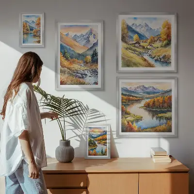 Set de 5 cuadros de paisajes de montaña otoñales para salón