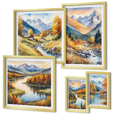 Set de 5 cuadros de paisajes de montaña otoñales para salón