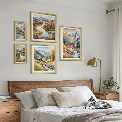 Set de 5 cuadros de paisajes de montaña otoñales para salón